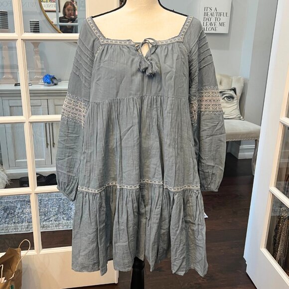 Lucky Brand Embroidered Boho Dress with Tassels Blue Gray S - Picture 2 of 10